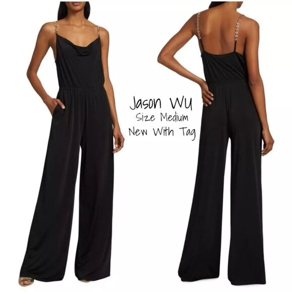 Jason Wu Black w/ crystal Chain Strap Satin Jumpsuit Medium New With Tag